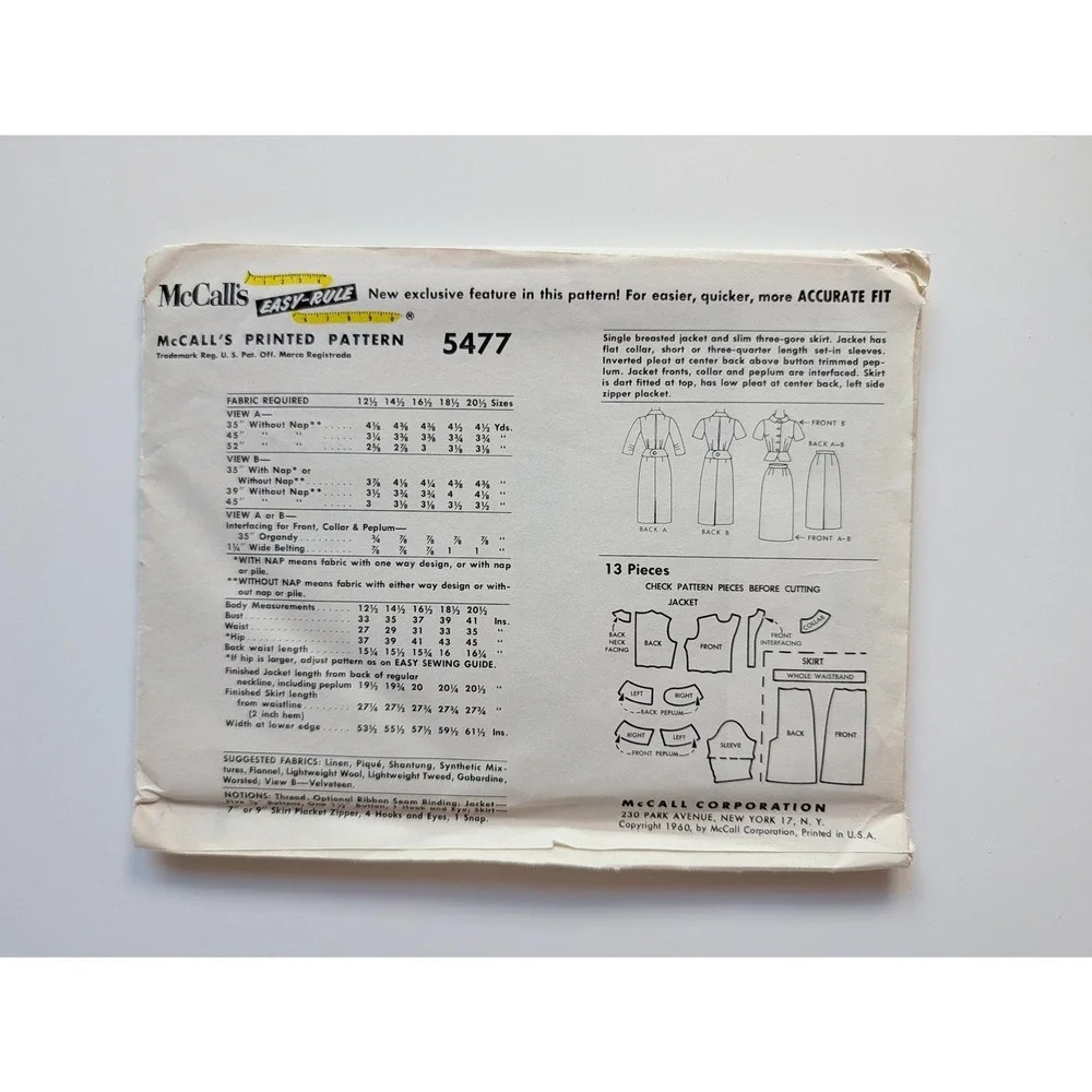 UC/FF McCall's 5477 Two-Piece Dress Suit Pattern Size 16.5 Bust 37
